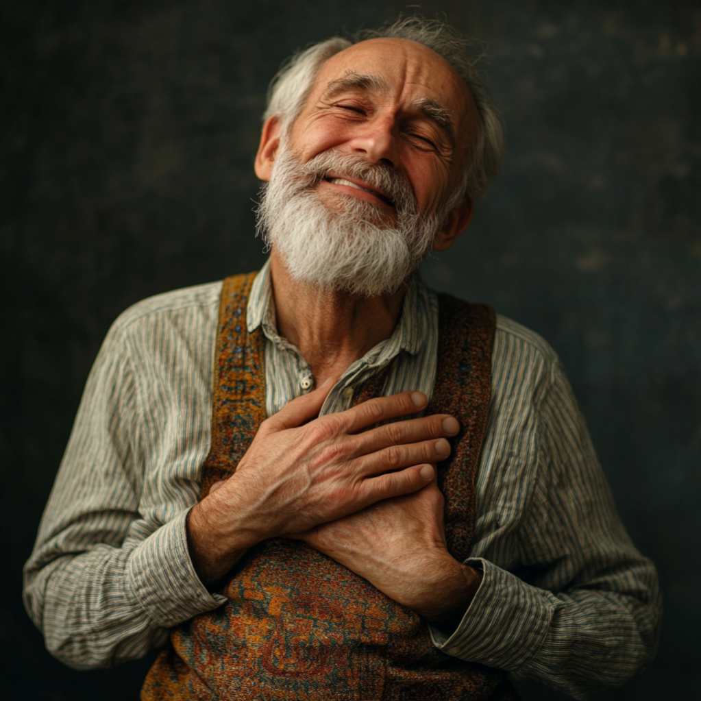 old man happy putting his hands on his heart