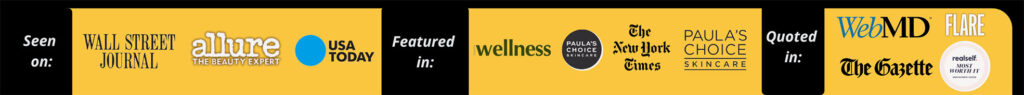 Logos of media outlets and publications where Dr. Lucas has been featured or quoted, including Wall Street Journal, Allure, USA Today, Wellness, The New York Times, Paula's Choice Skincare, WebMD, Flare, The Gazette, and RealSelf.