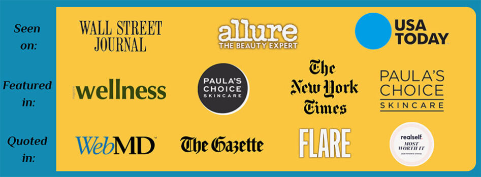 Logos of media outlets and publications where Dr. Lucas has been featured or quoted, including Wall Street Journal, Allure, USA Today, Wellness, The New York Times, Paula's Choice Skincare, WebMD, Flare, The Gazette, and RealSelf.