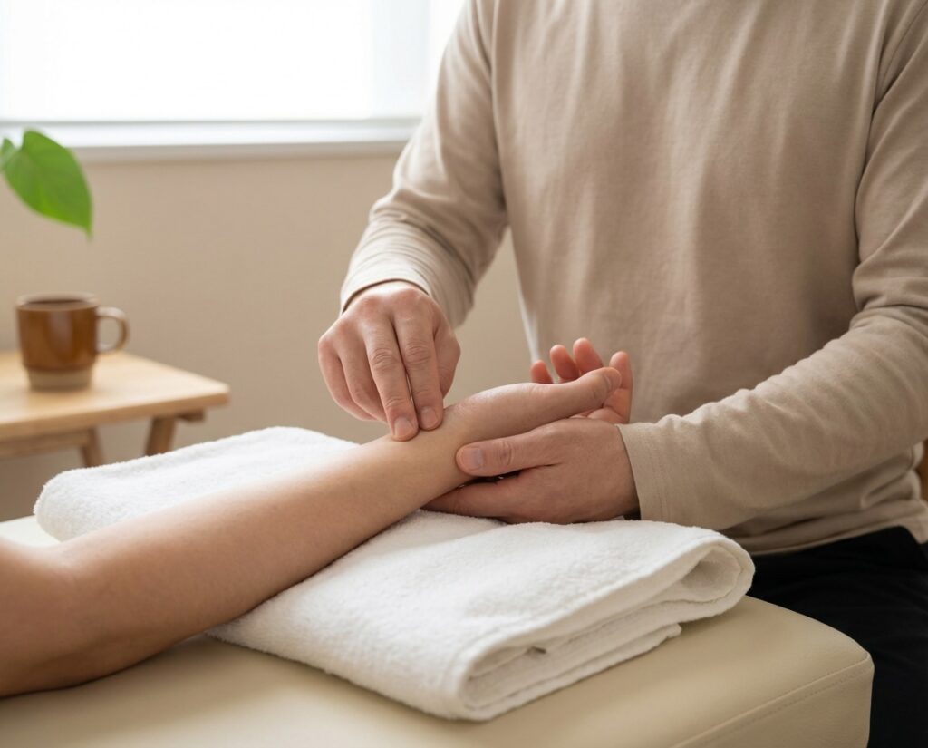 Practitioner taking a patient’s radial pulse at the wrist on a treatment table in a softly lit, neutral clinic setting.